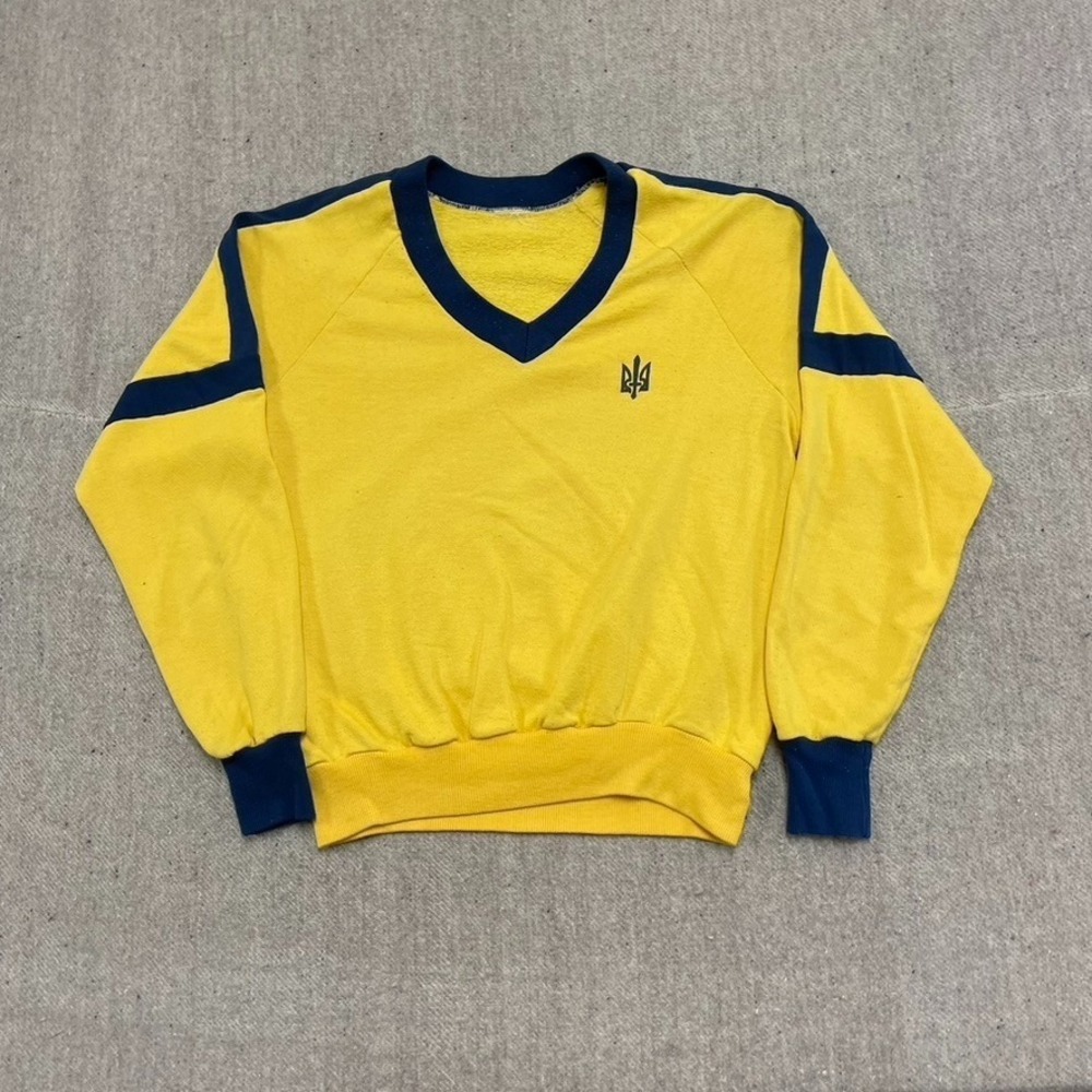 Vintage Sword Emblem‎ V Neck Sweatshirt Men Large Yellow 1970s Hanes
